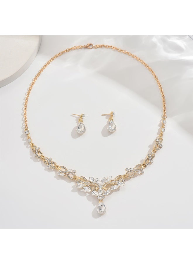 مجموعة مجوهرات ذهبية مطليّة بلورية - قلادة بتصميم ورقية وقرطاسية قطعة ماء للنساء، مثالية للحفلات والزواج - Image 1